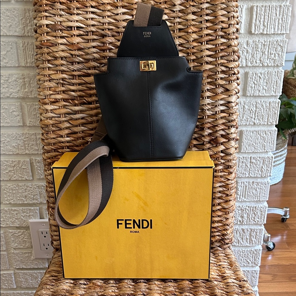 AuthenticFendi Black Leather Mini guitar with bag Gold Clasp